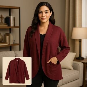 Eddie Bauer Burgundy Cotton Fleece Wrap Cardigan Jacket L Lounge Cozy